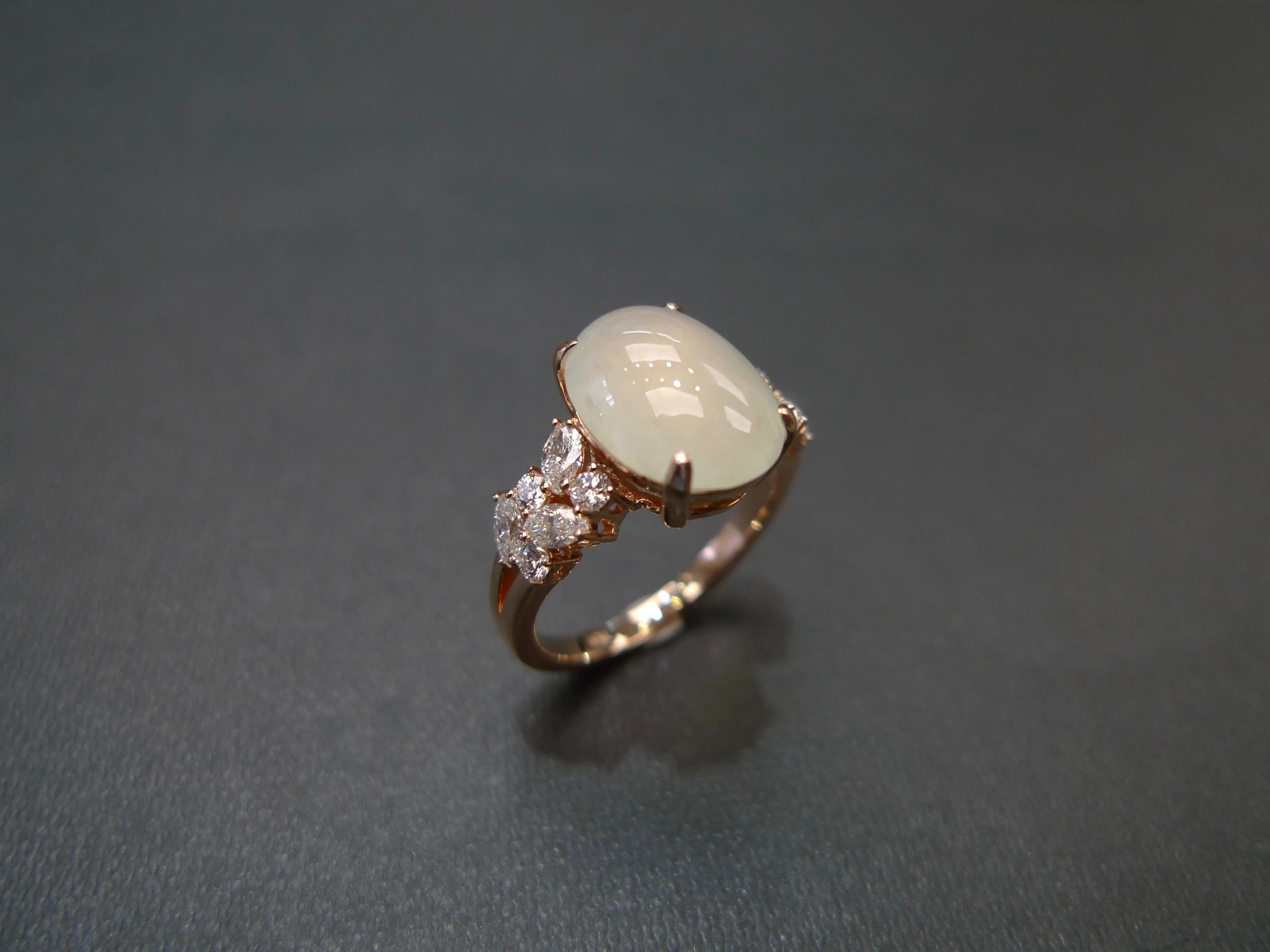 Certified Icy White Oval Natural Jade and Diamond Ring in Rose Gold