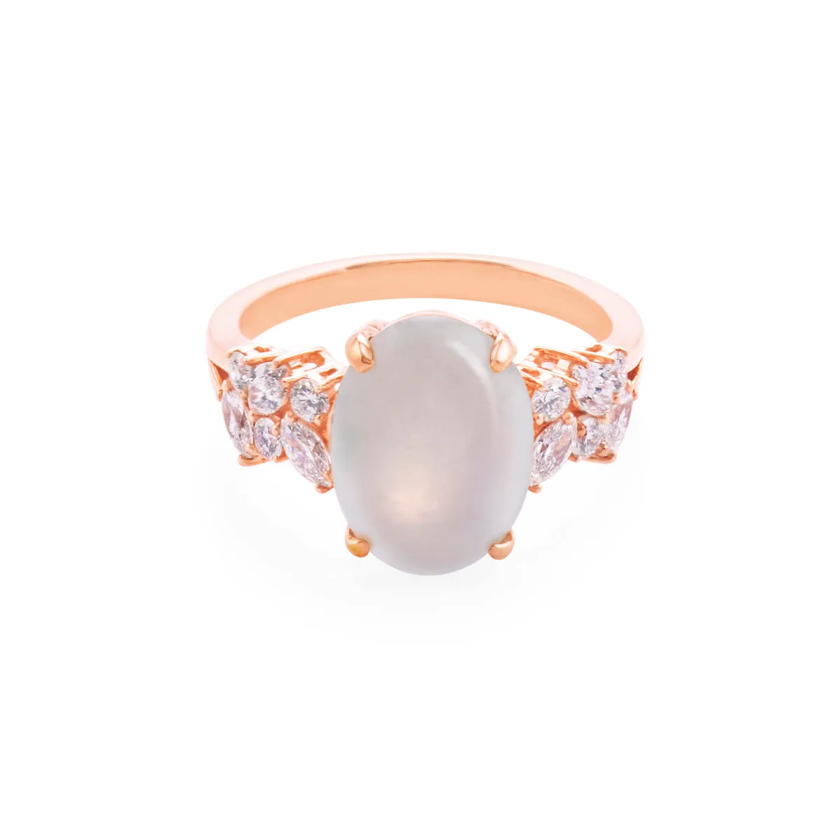 Certified Icy White Oval Natural Jade and Diamond Ring in Rose Gold