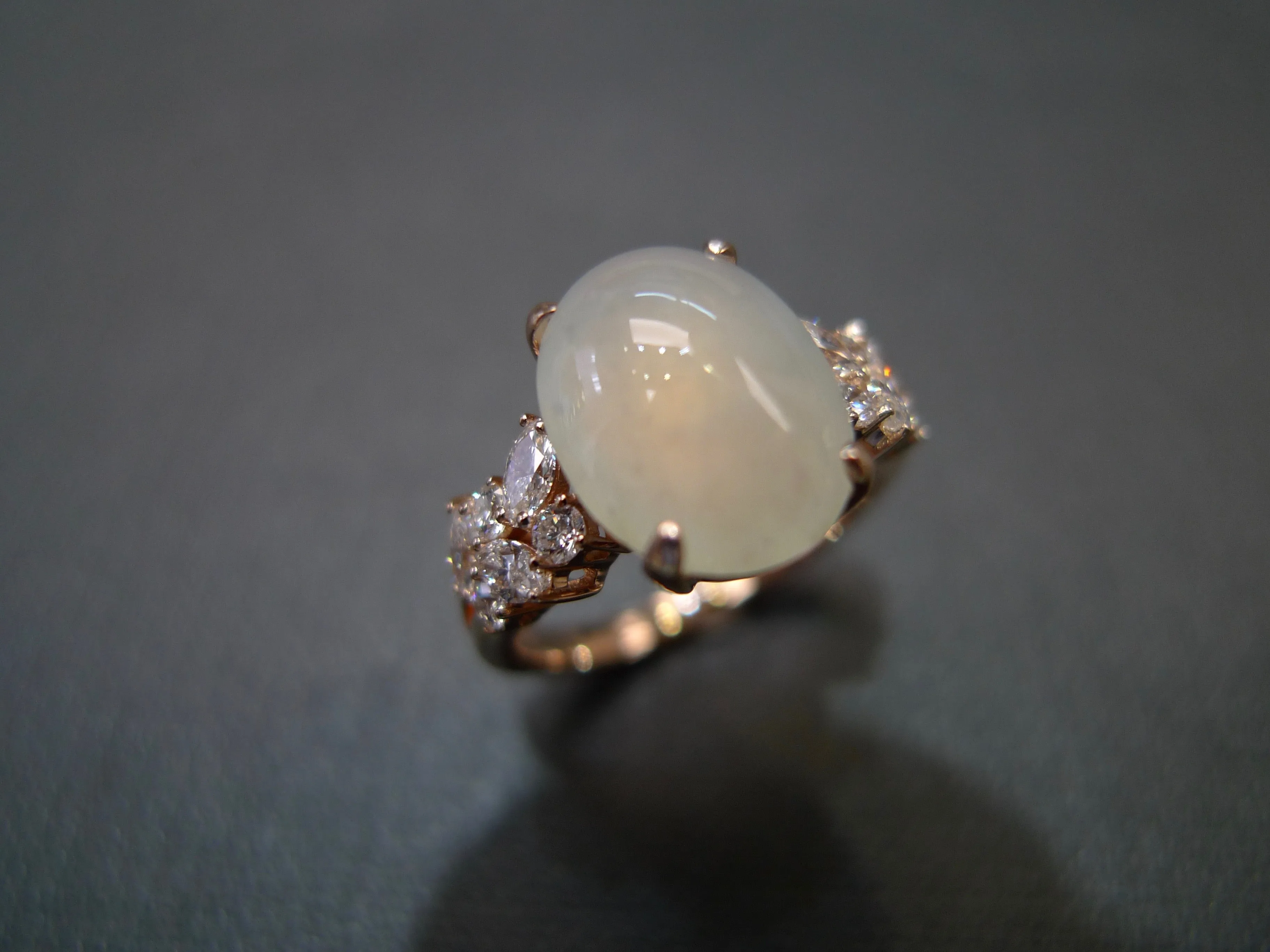 Certified Icy White Oval Natural Jade and Diamond Ring in Rose Gold