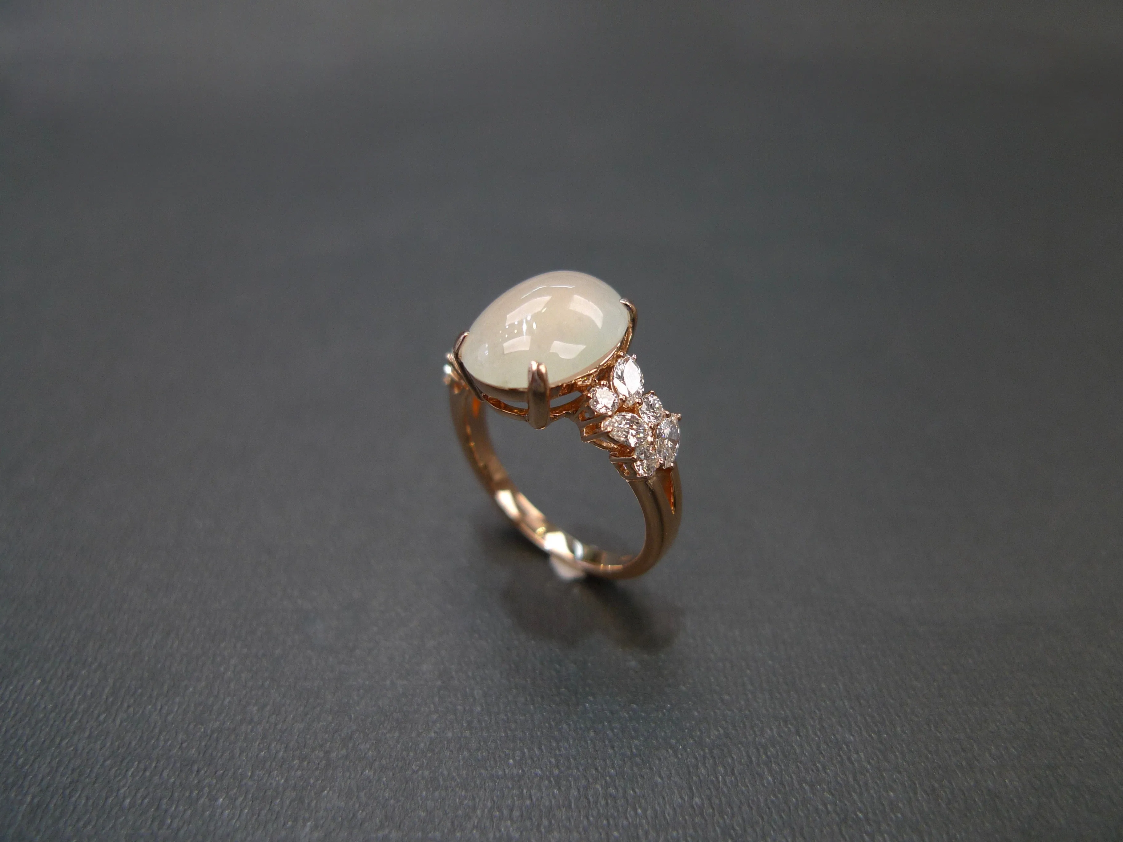 Certified Icy White Oval Natural Jade and Diamond Ring in Rose Gold