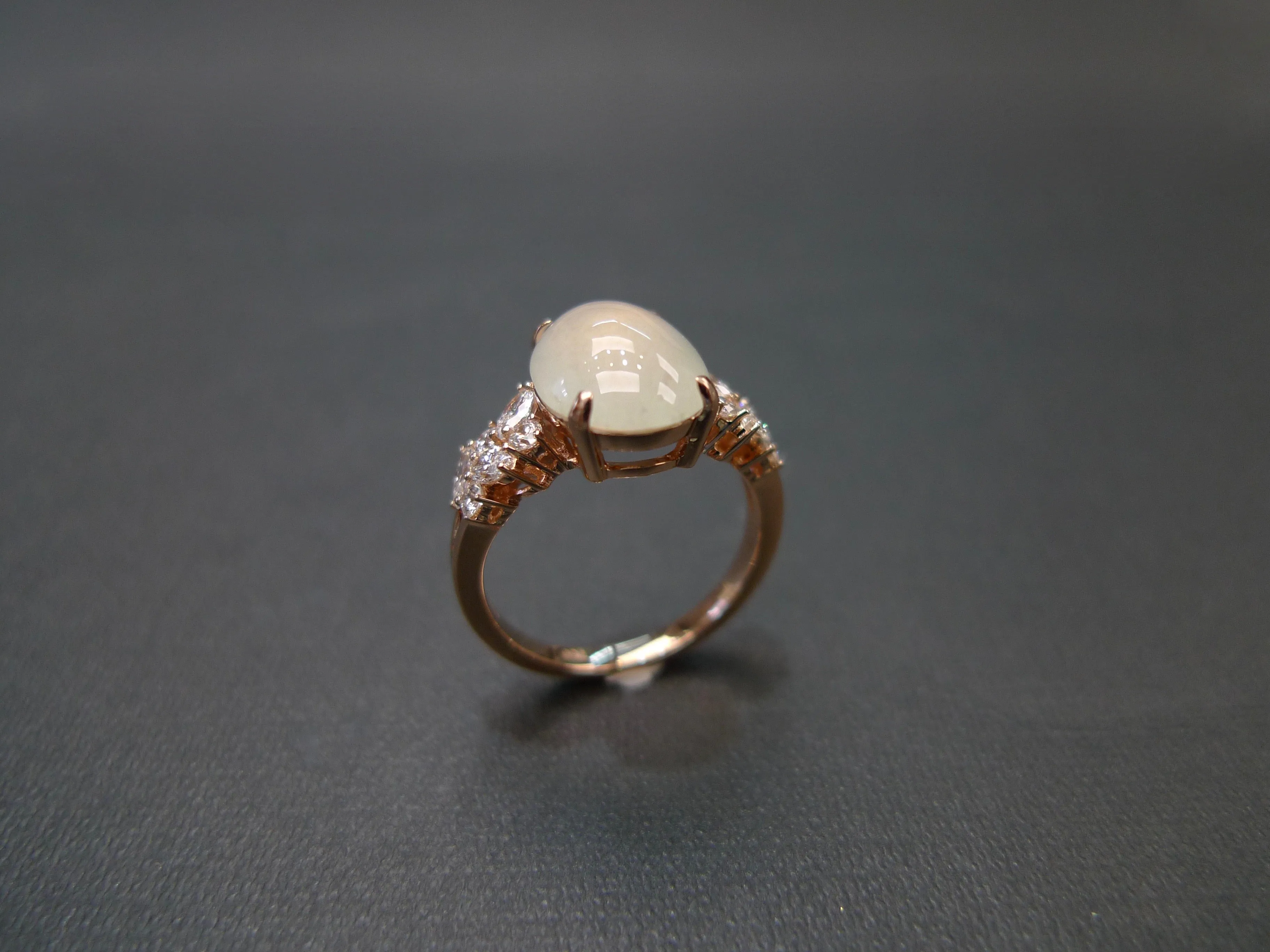 Certified Icy White Oval Natural Jade and Diamond Ring in Rose Gold
