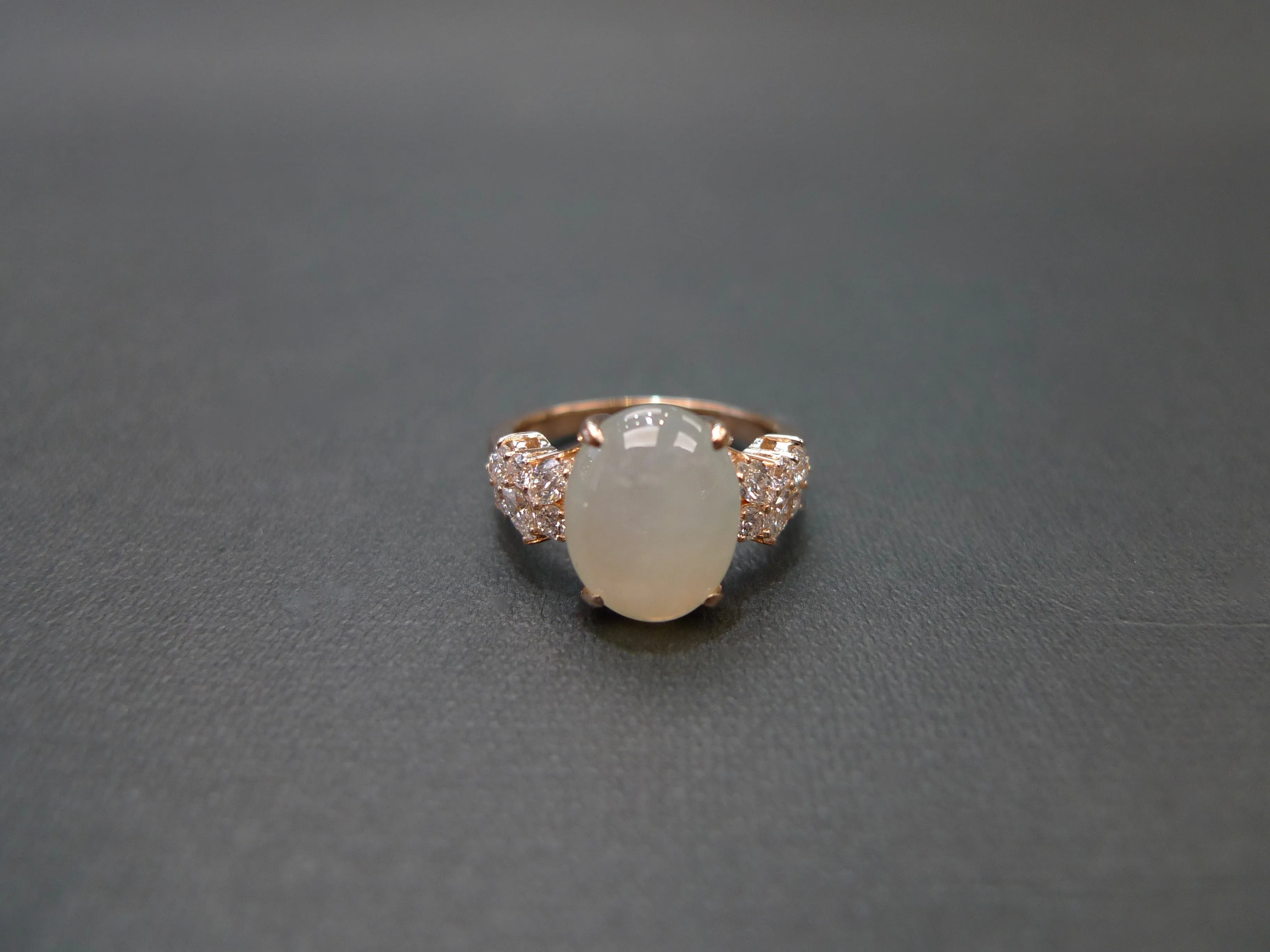 Certified Icy White Oval Natural Jade and Diamond Ring in Rose Gold
