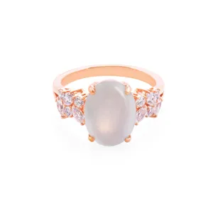 Certified Icy White Oval Natural Jade and Diamond Ring in Rose Gold