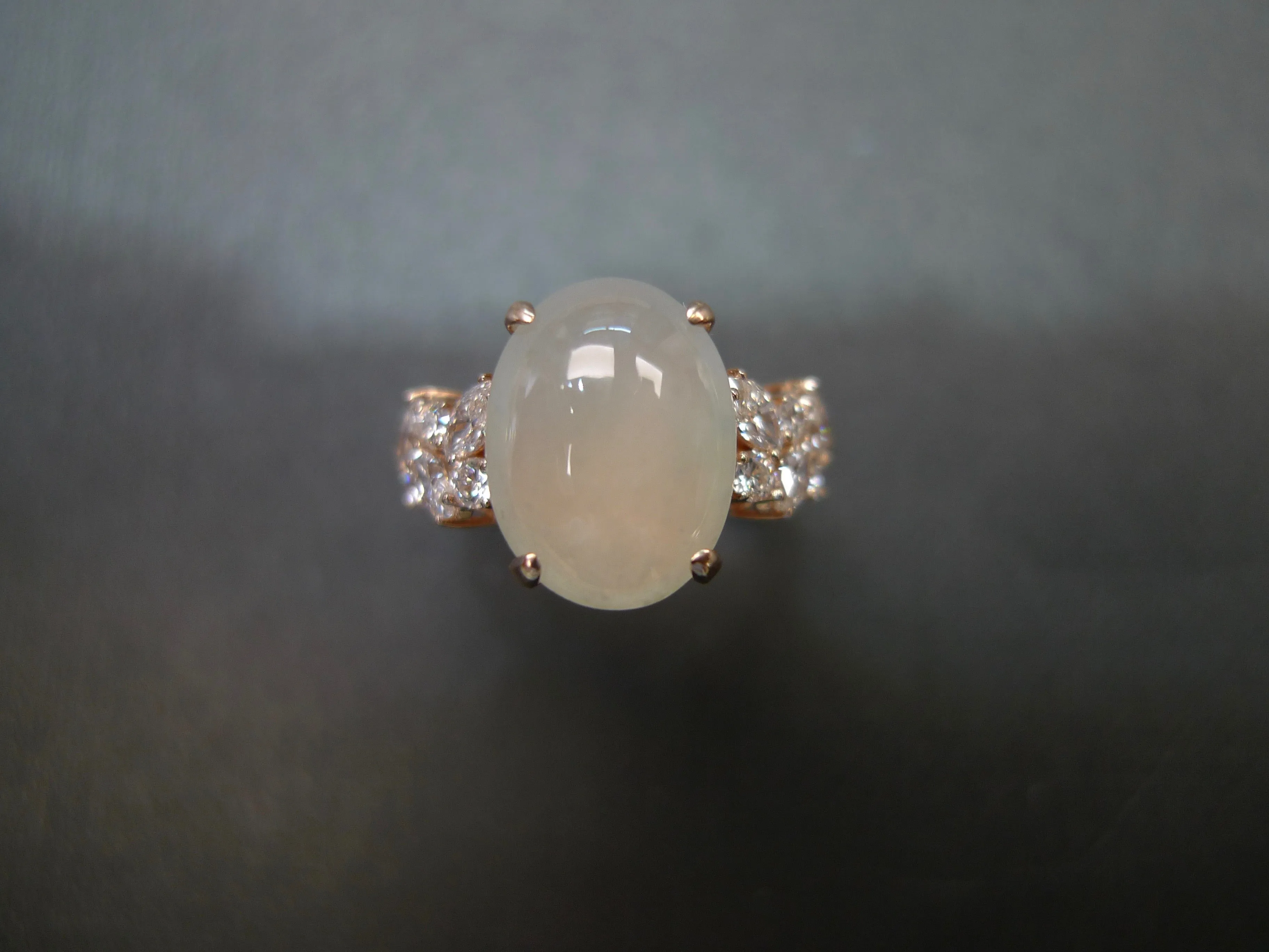 Certified Icy White Oval Natural Jade and Diamond Ring in Rose Gold