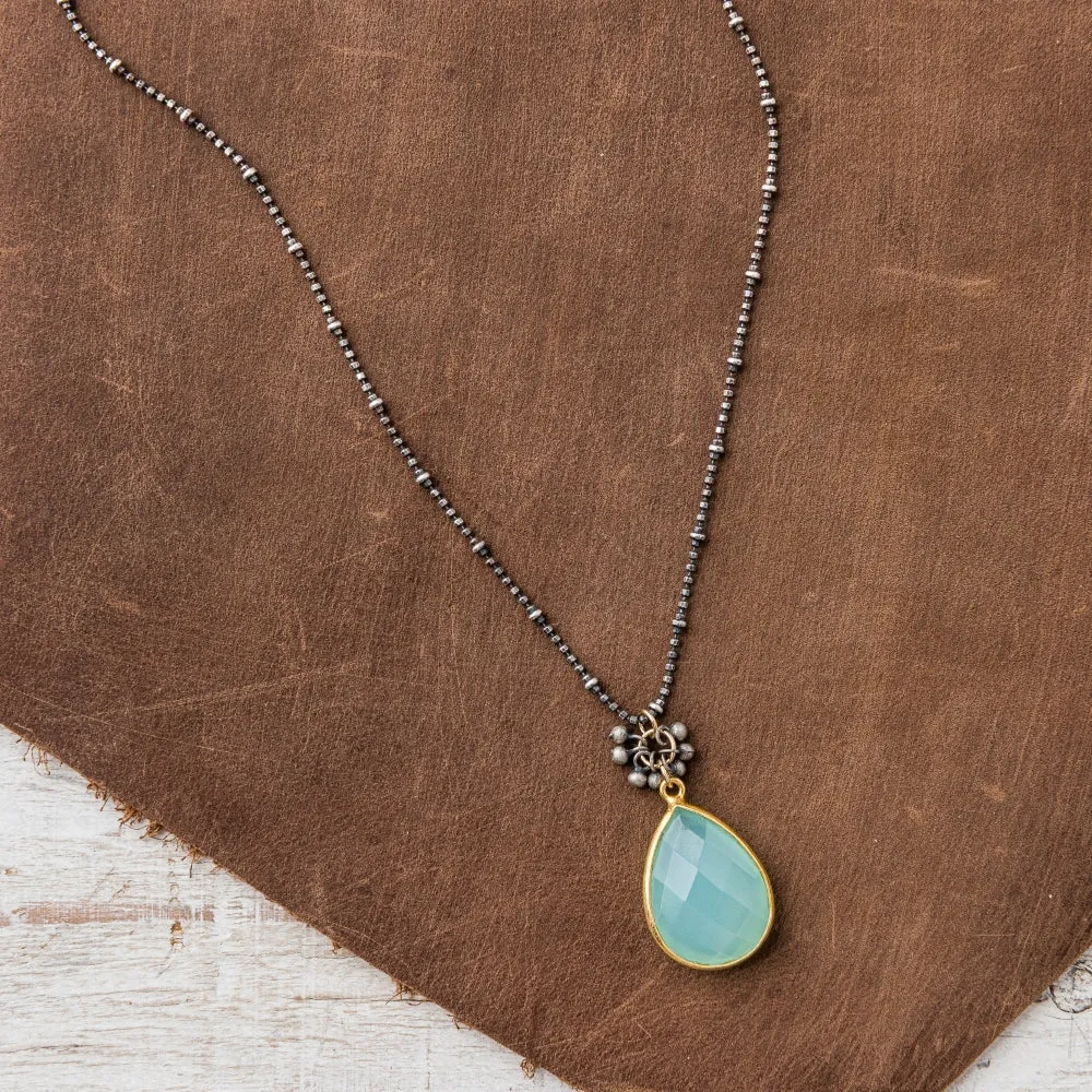 Chalcedony Pear Necklace with Bead Fringe on Beaded Satellite Chain