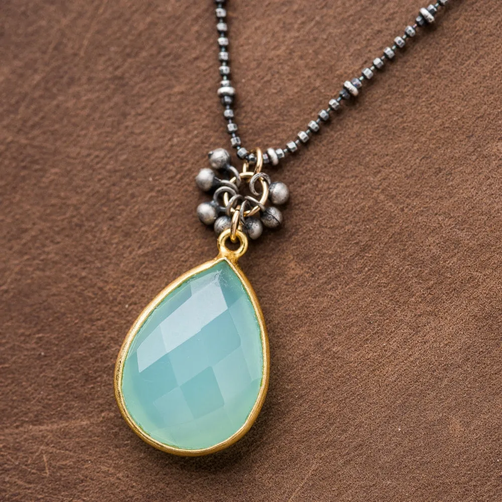 Chalcedony Pear Necklace with Bead Fringe on Beaded Satellite Chain