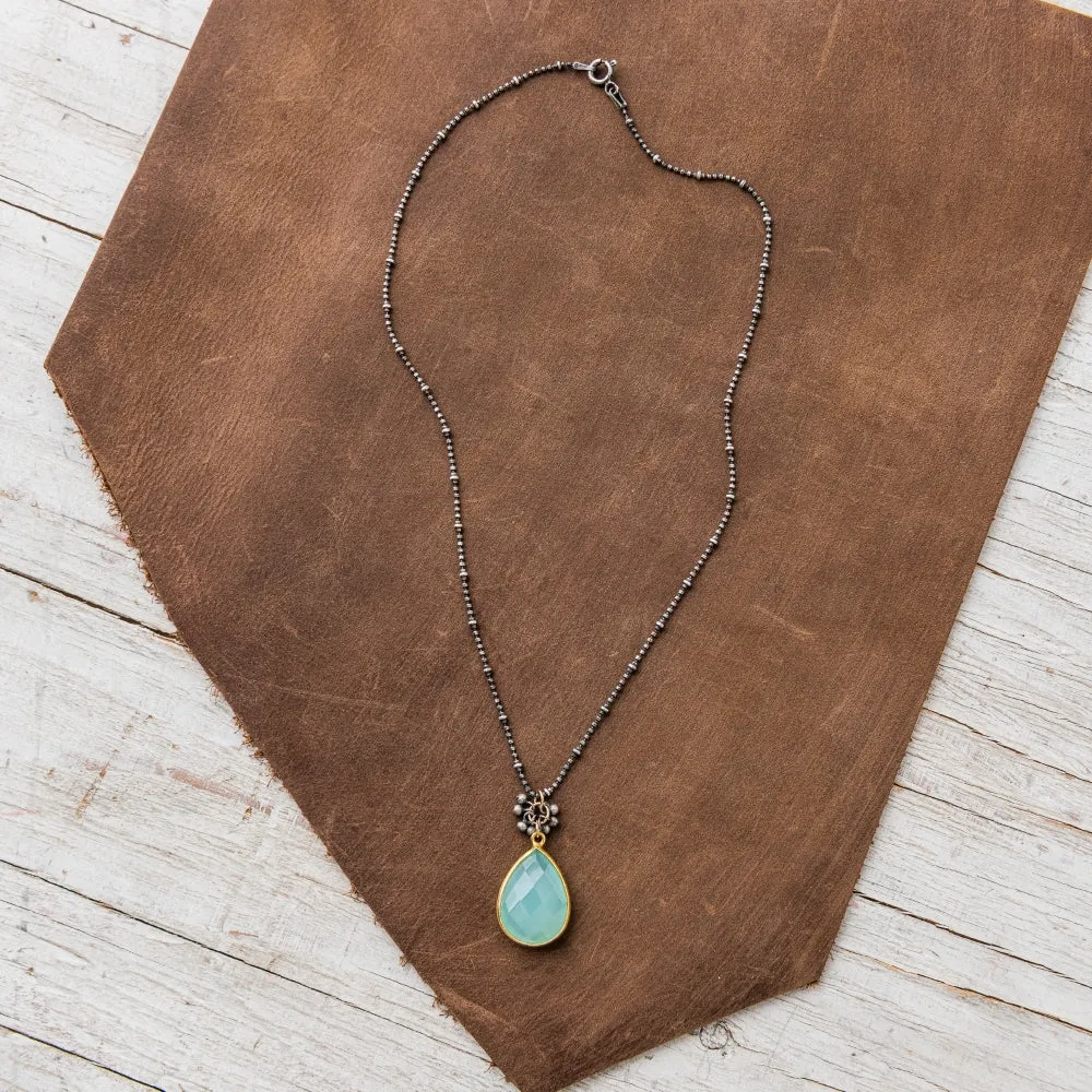 Chalcedony Pear Necklace with Bead Fringe on Beaded Satellite Chain