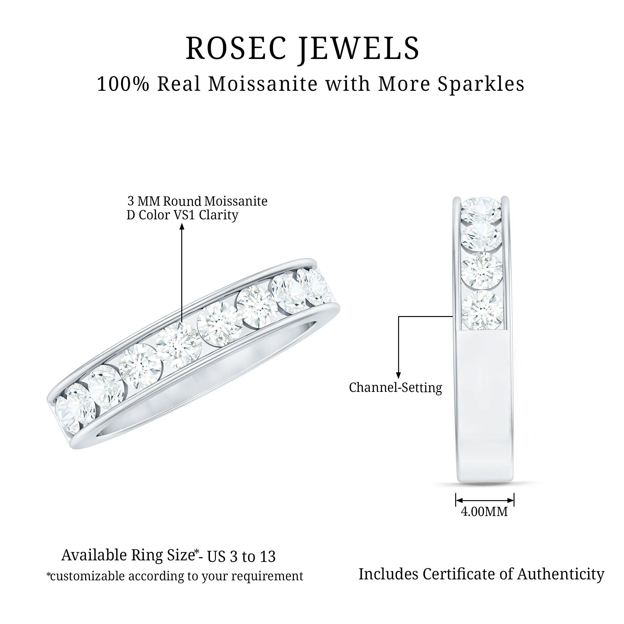 Channel Set Moissanite Unisex Semi Eternity Band