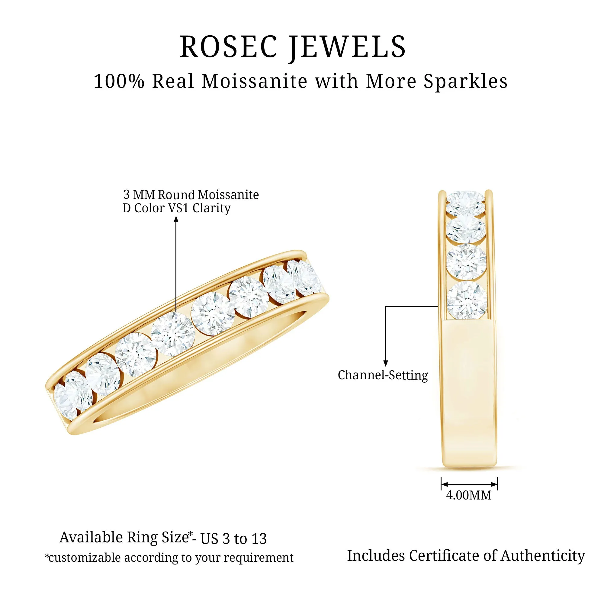 Channel Set Moissanite Unisex Semi Eternity Band