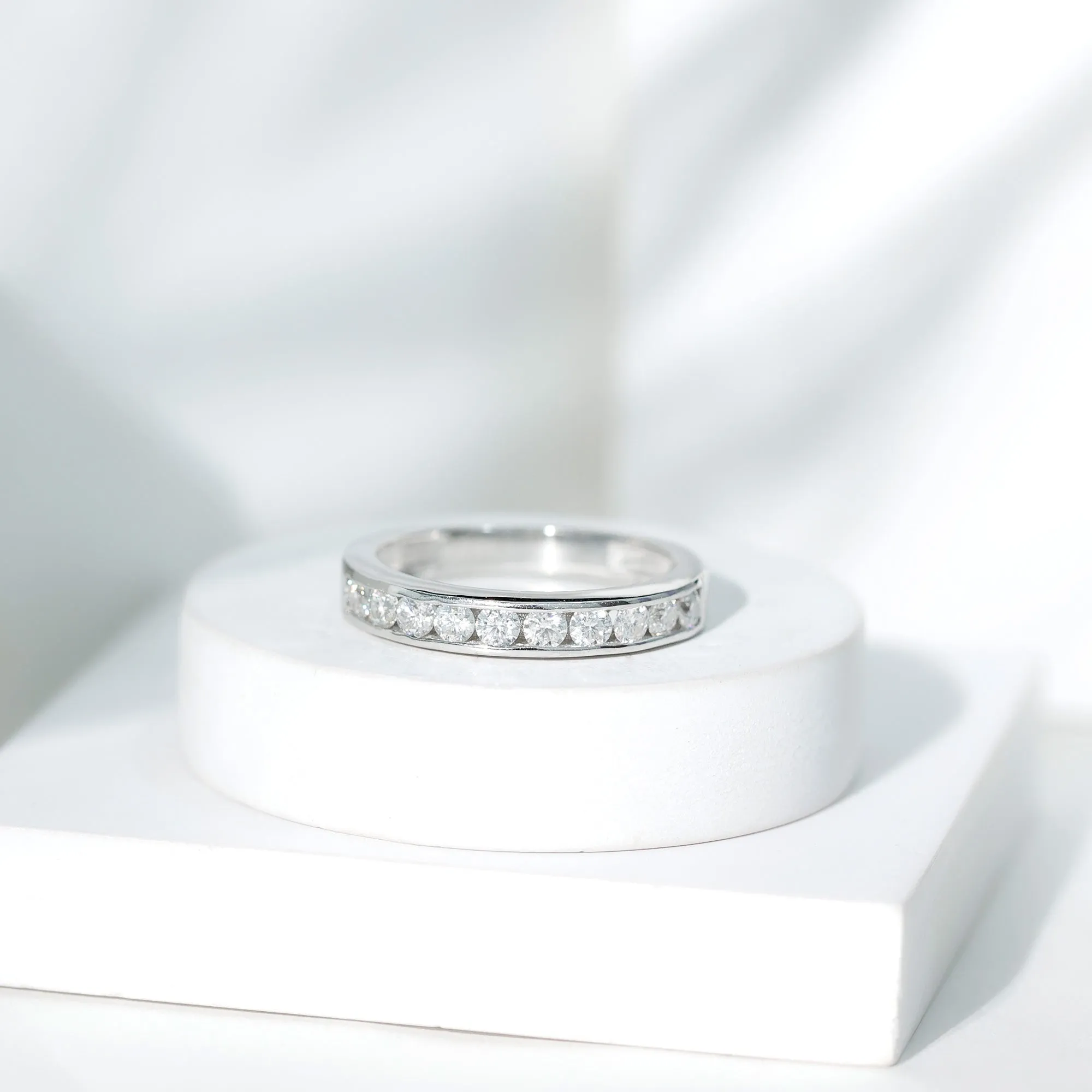 Channel Set Moissanite Unisex Semi Eternity Band