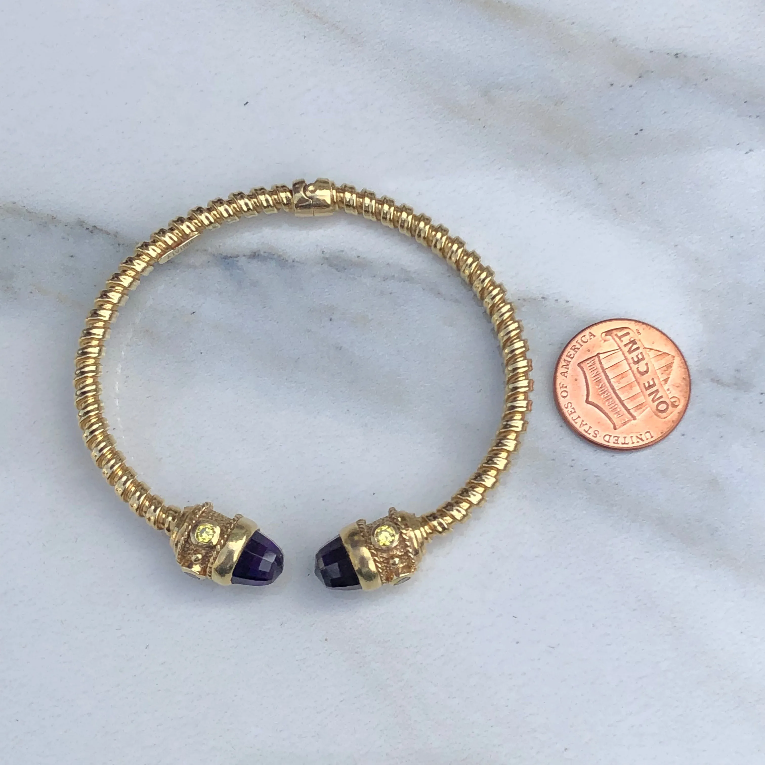 Estate 14KT Yellow Gold Checkerboard Amethyst Briolette   Citrine Bangle Bracelet