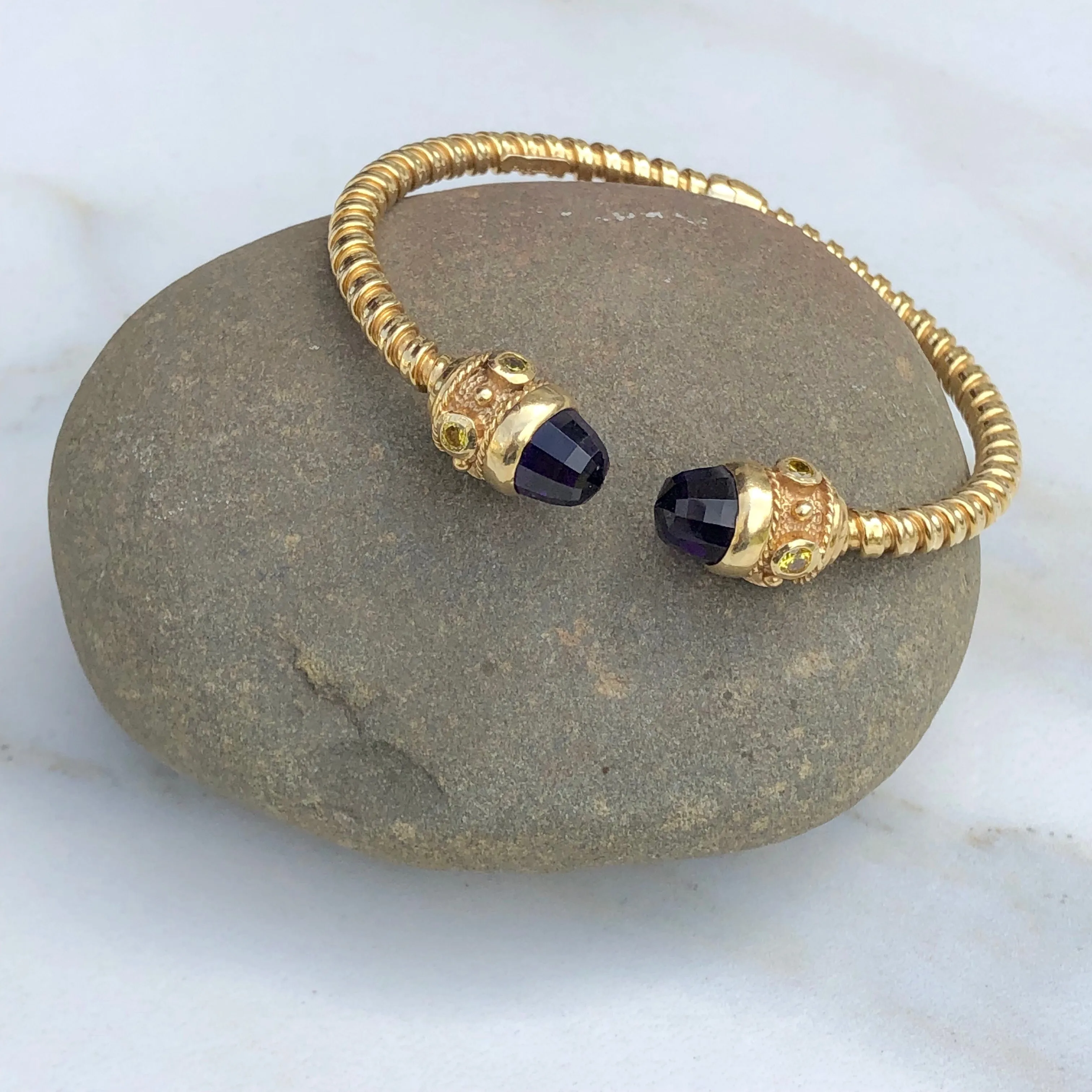 Estate 14KT Yellow Gold Checkerboard Amethyst Briolette   Citrine Bangle Bracelet