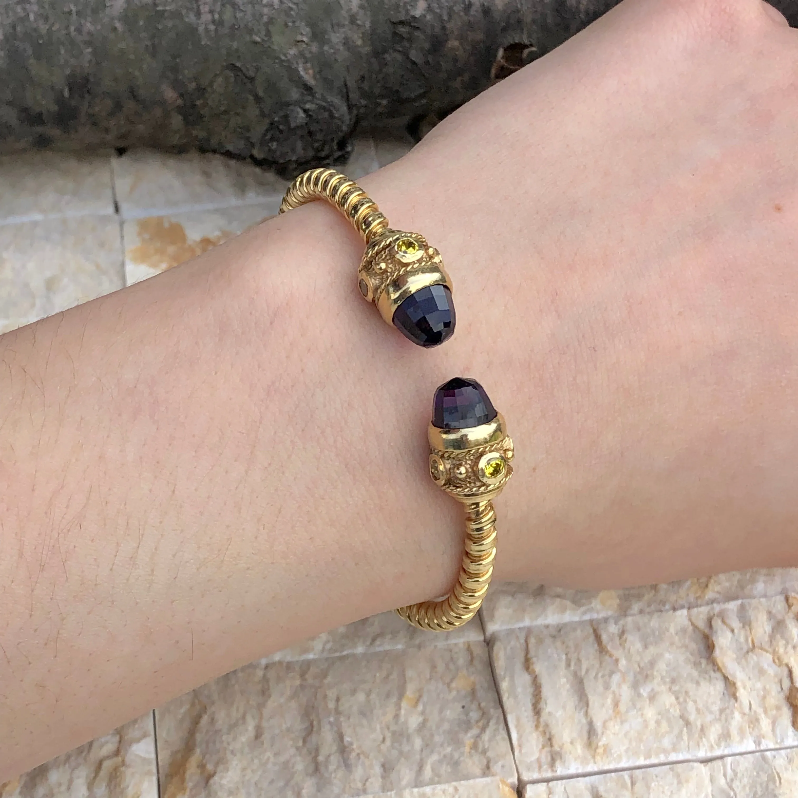 Estate 14KT Yellow Gold Checkerboard Amethyst Briolette   Citrine Bangle Bracelet
