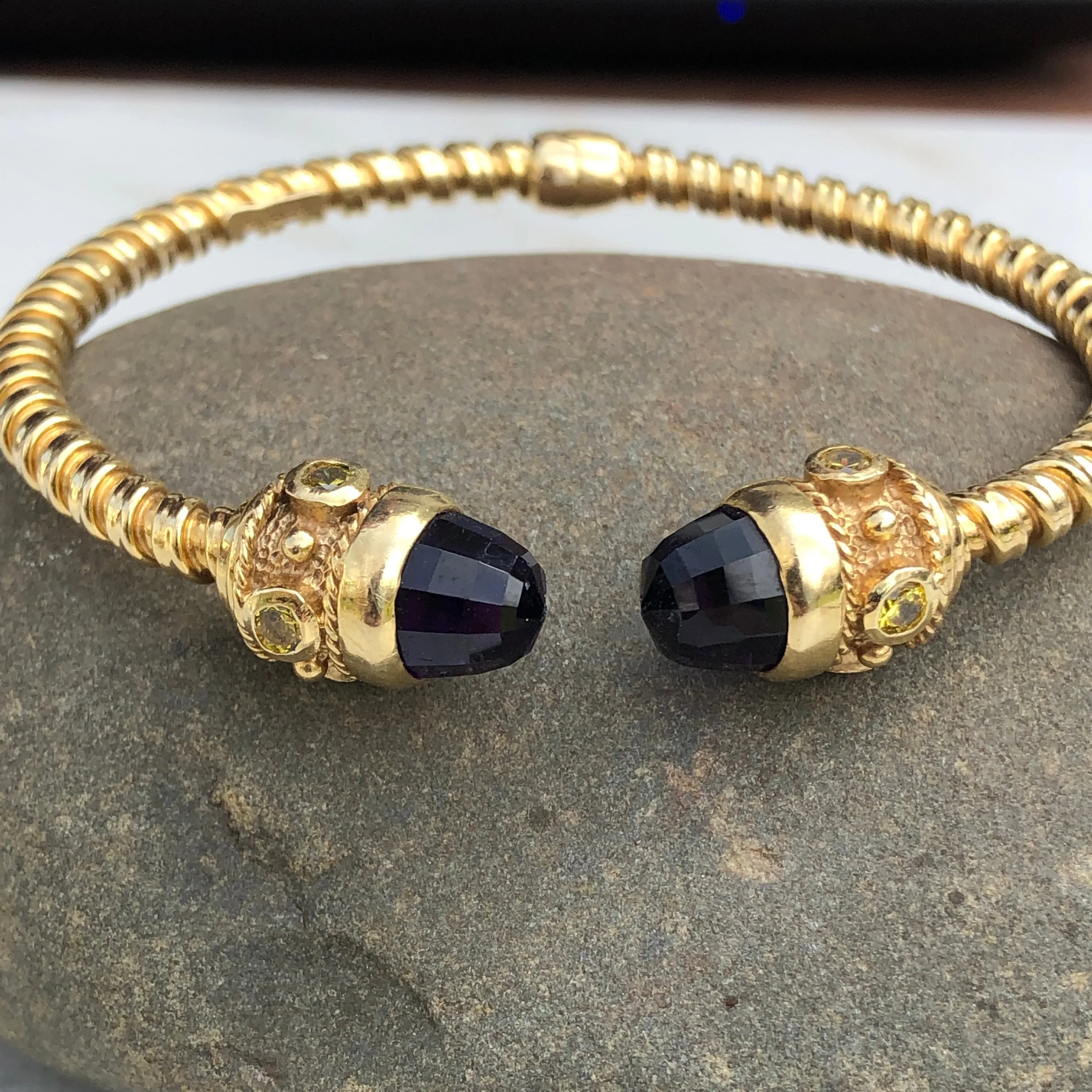 Estate 14KT Yellow Gold Checkerboard Amethyst Briolette   Citrine Bangle Bracelet