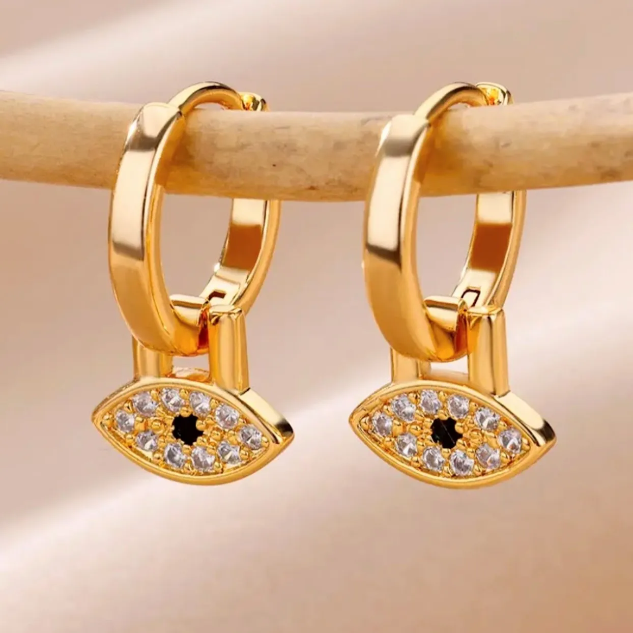 EYE OF EVIL  -  CUBIC ZIRCONIA WATERPROOF 18K HUGGIE GOLD HOOP EARRINGS