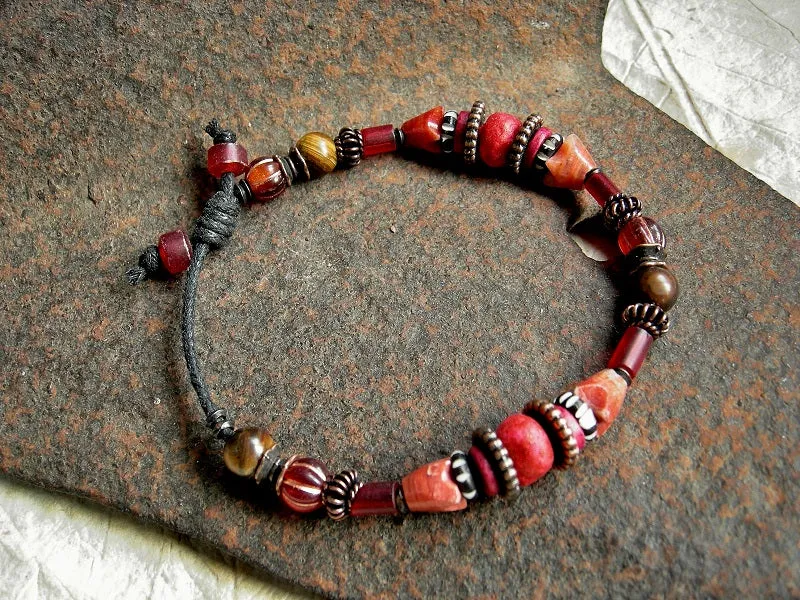 Fire Walk Adjustable Slider Bracelet, African Glass, Mexican Red Onyx