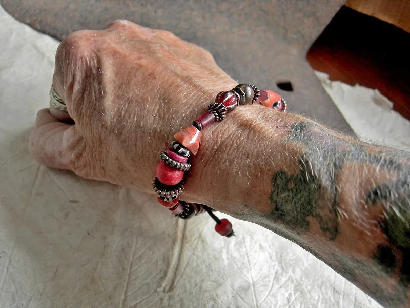 Fire Walk Adjustable Slider Bracelet, African Glass, Mexican Red Onyx