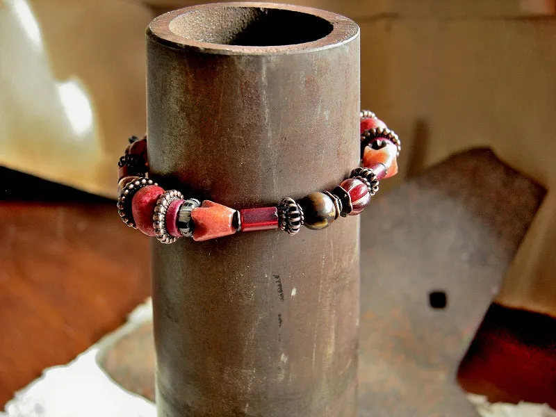Fire Walk Adjustable Slider Bracelet, African Glass, Mexican Red Onyx