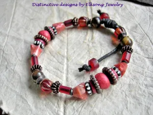 Fire Walk Adjustable Slider Bracelet, African Glass, Mexican Red Onyx