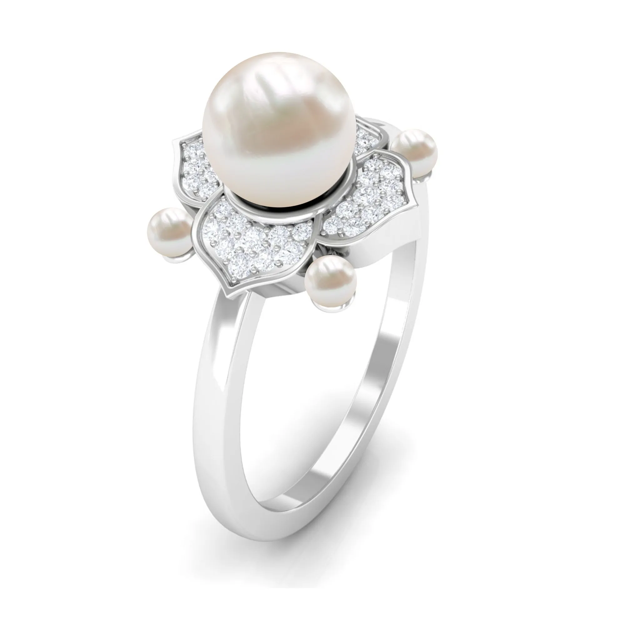 Freshwater Pearl Flower Engagement Ring with Diamond