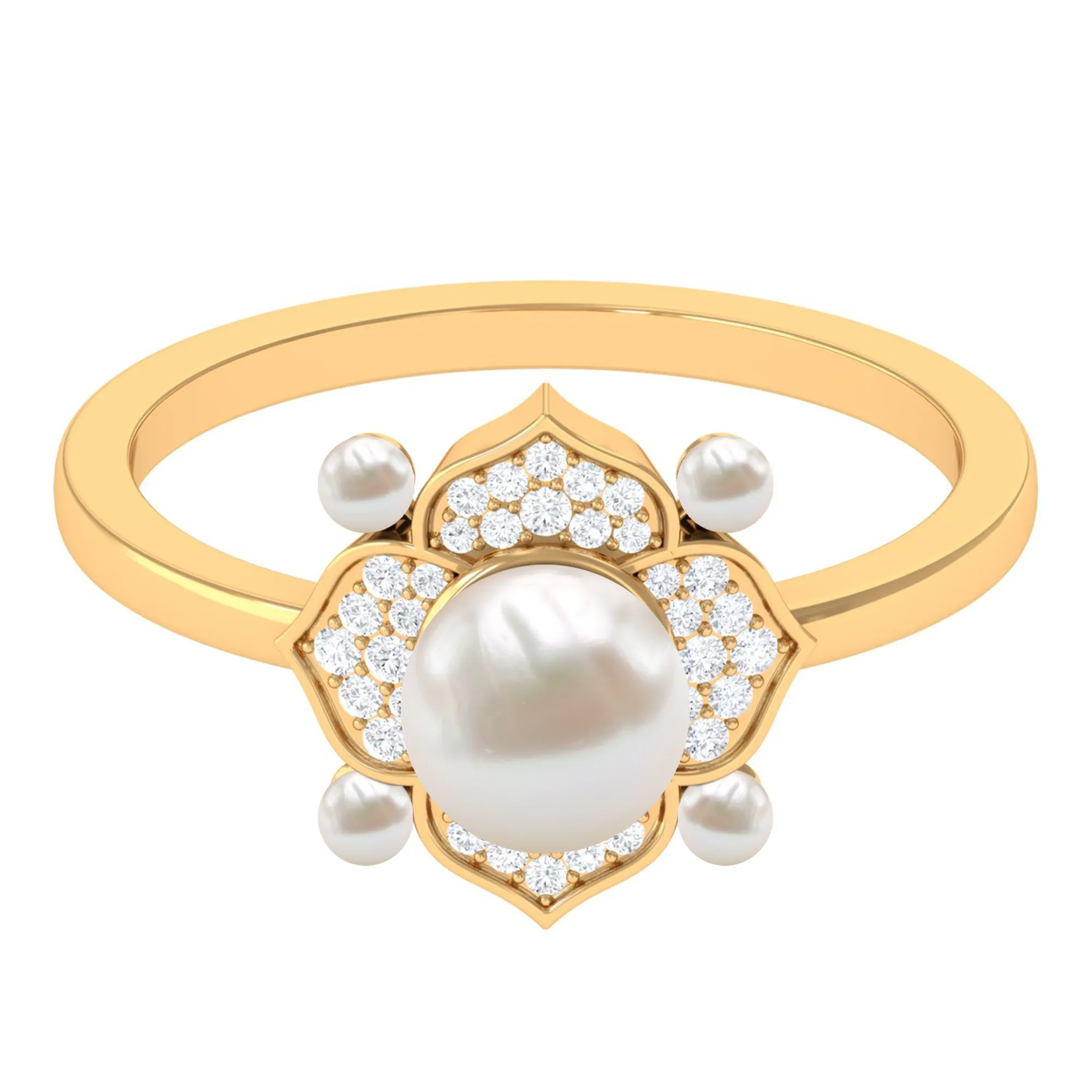 Freshwater Pearl Flower Engagement Ring with Diamond