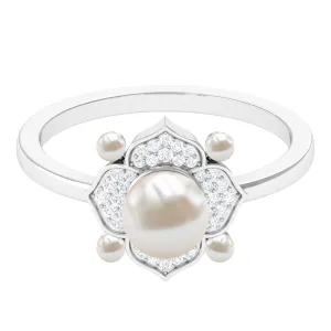 Freshwater Pearl Flower Engagement Ring with Diamond