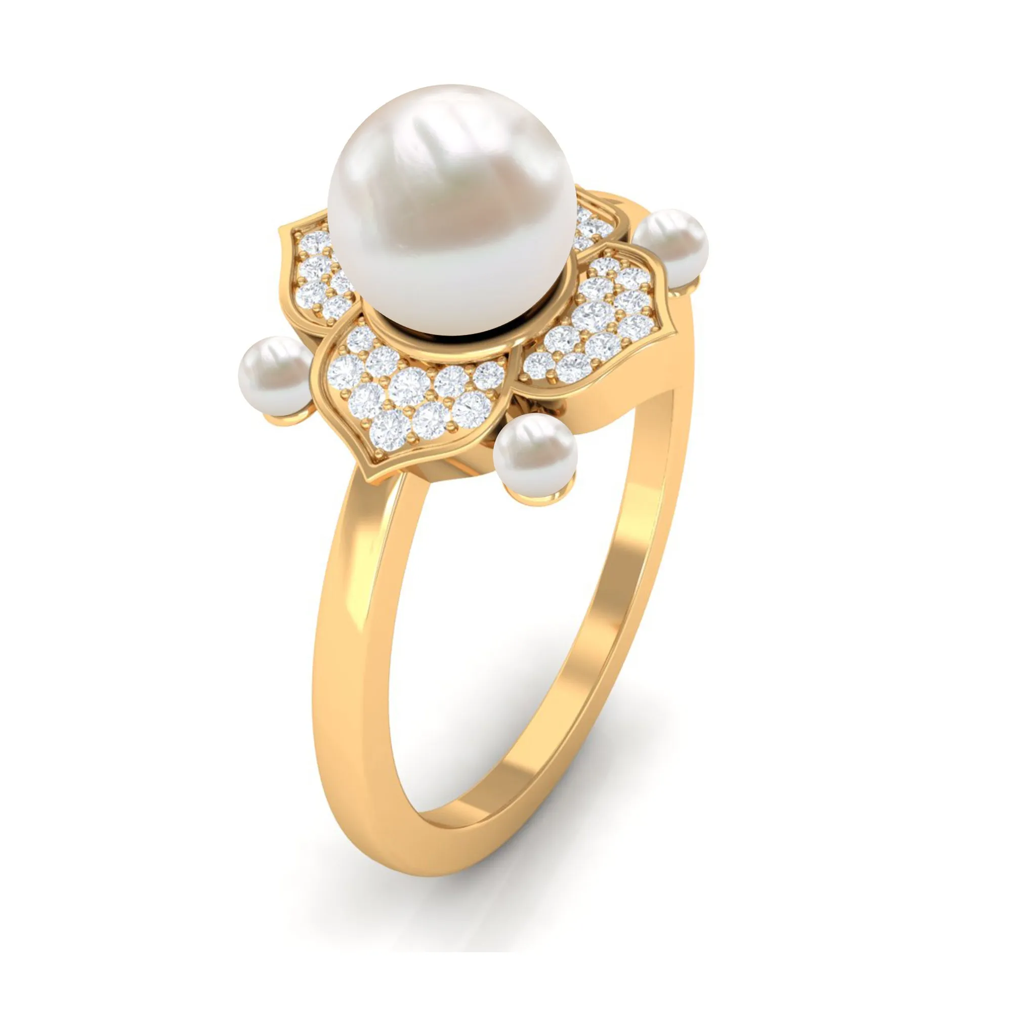 Freshwater Pearl Flower Engagement Ring with Diamond
