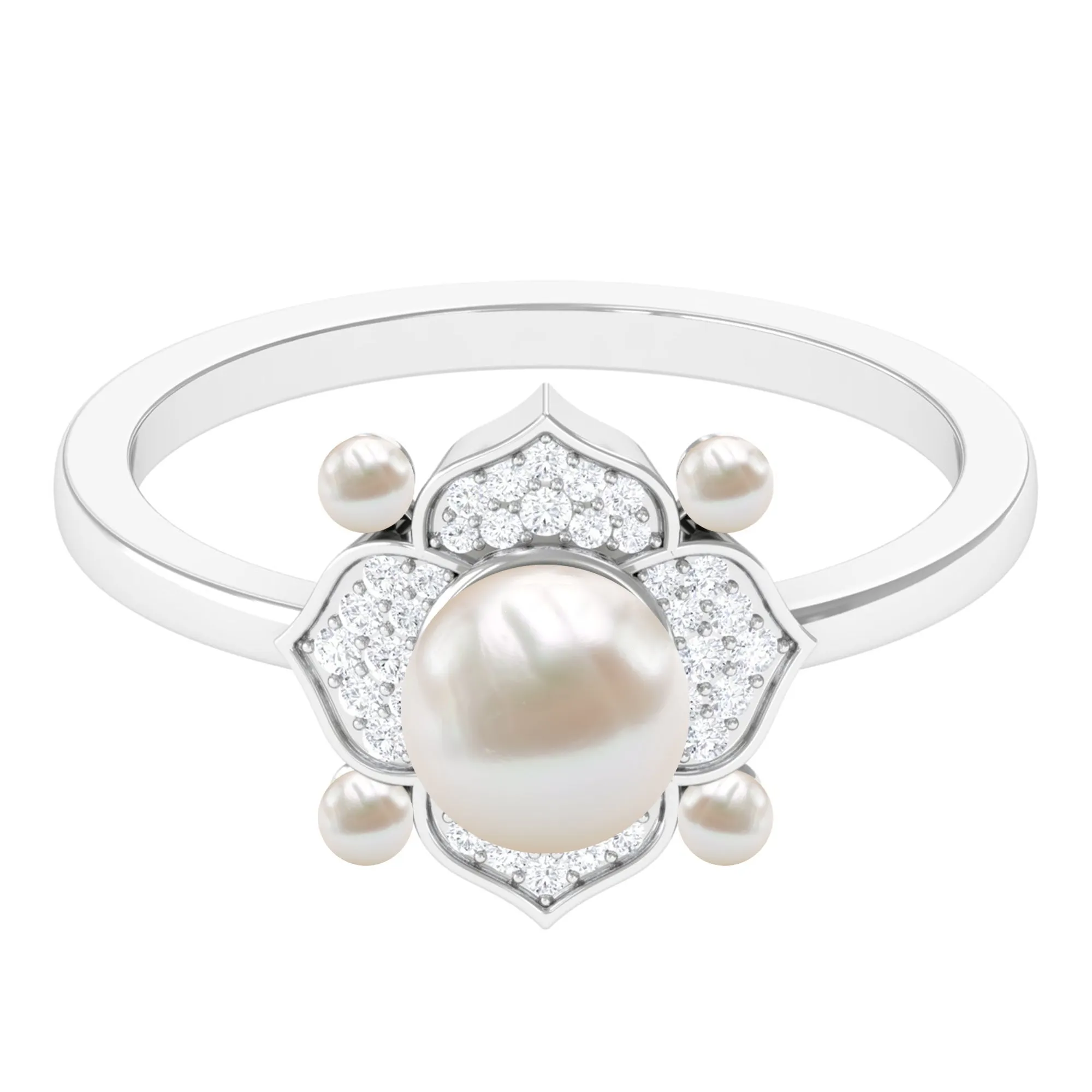 Freshwater Pearl Flower Engagement Ring with Diamond