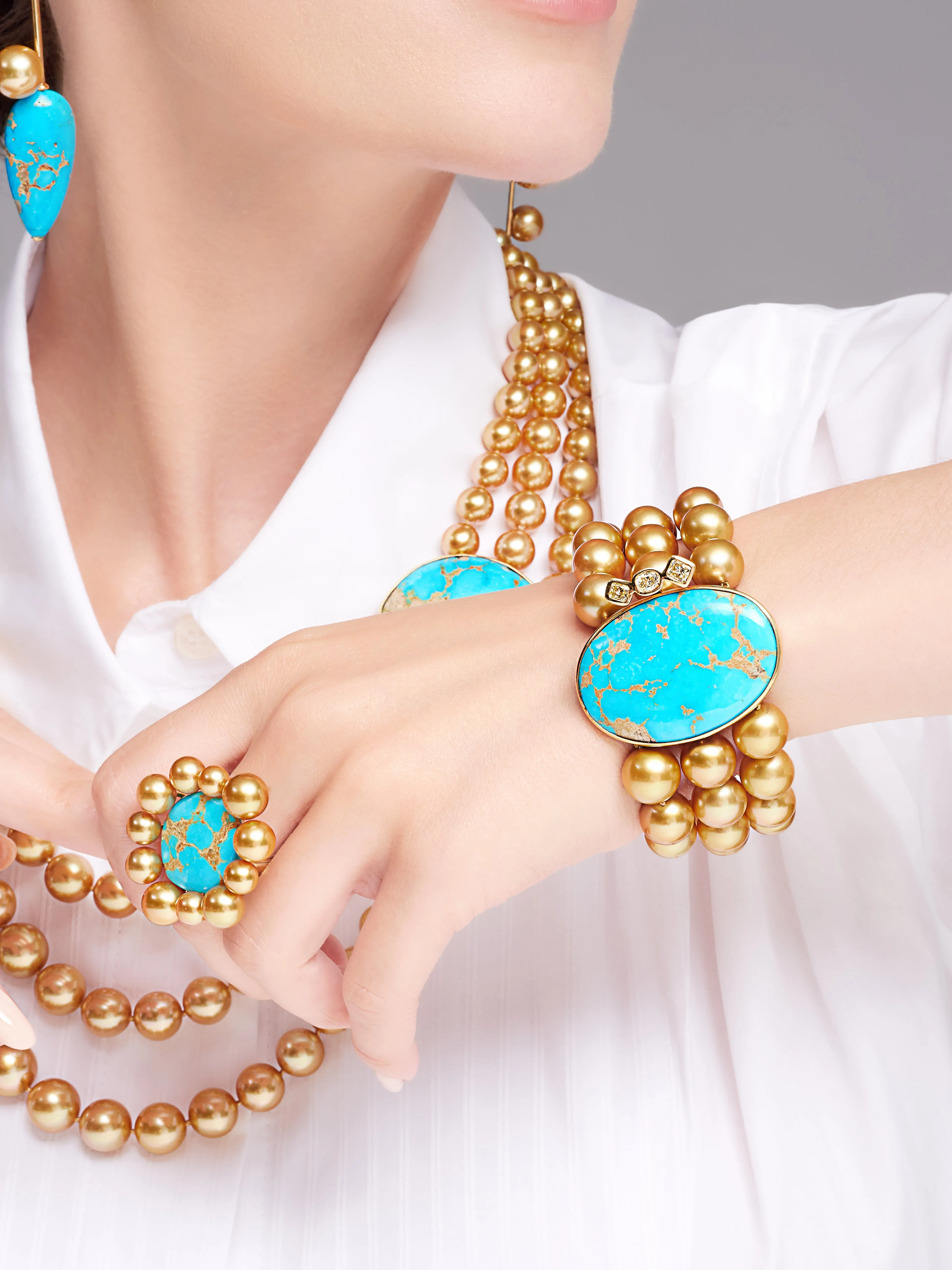 Golden South Sea Pearl and Natural Turquoise Bracelet