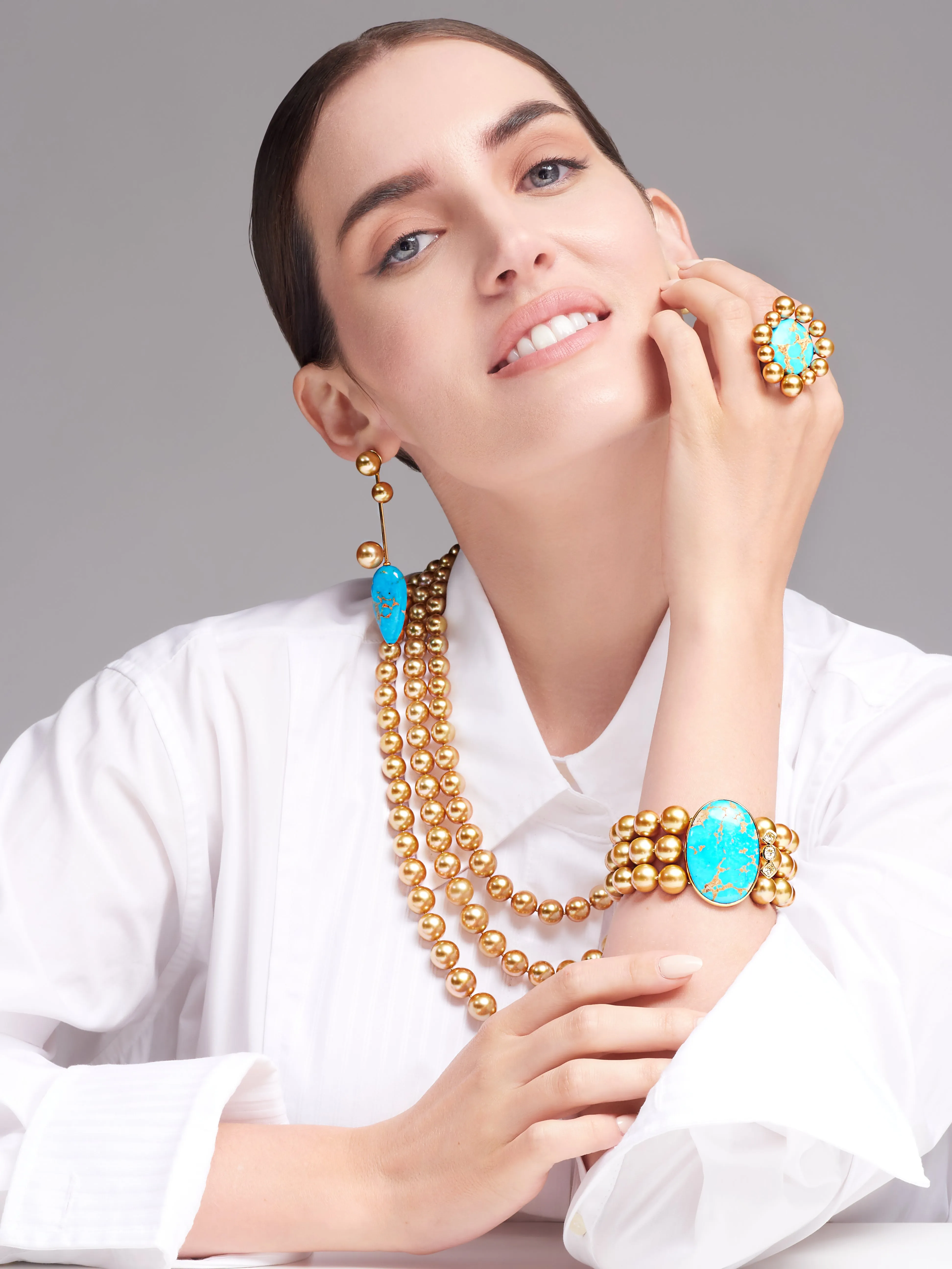 Golden South Sea Pearl and Natural Turquoise Bracelet