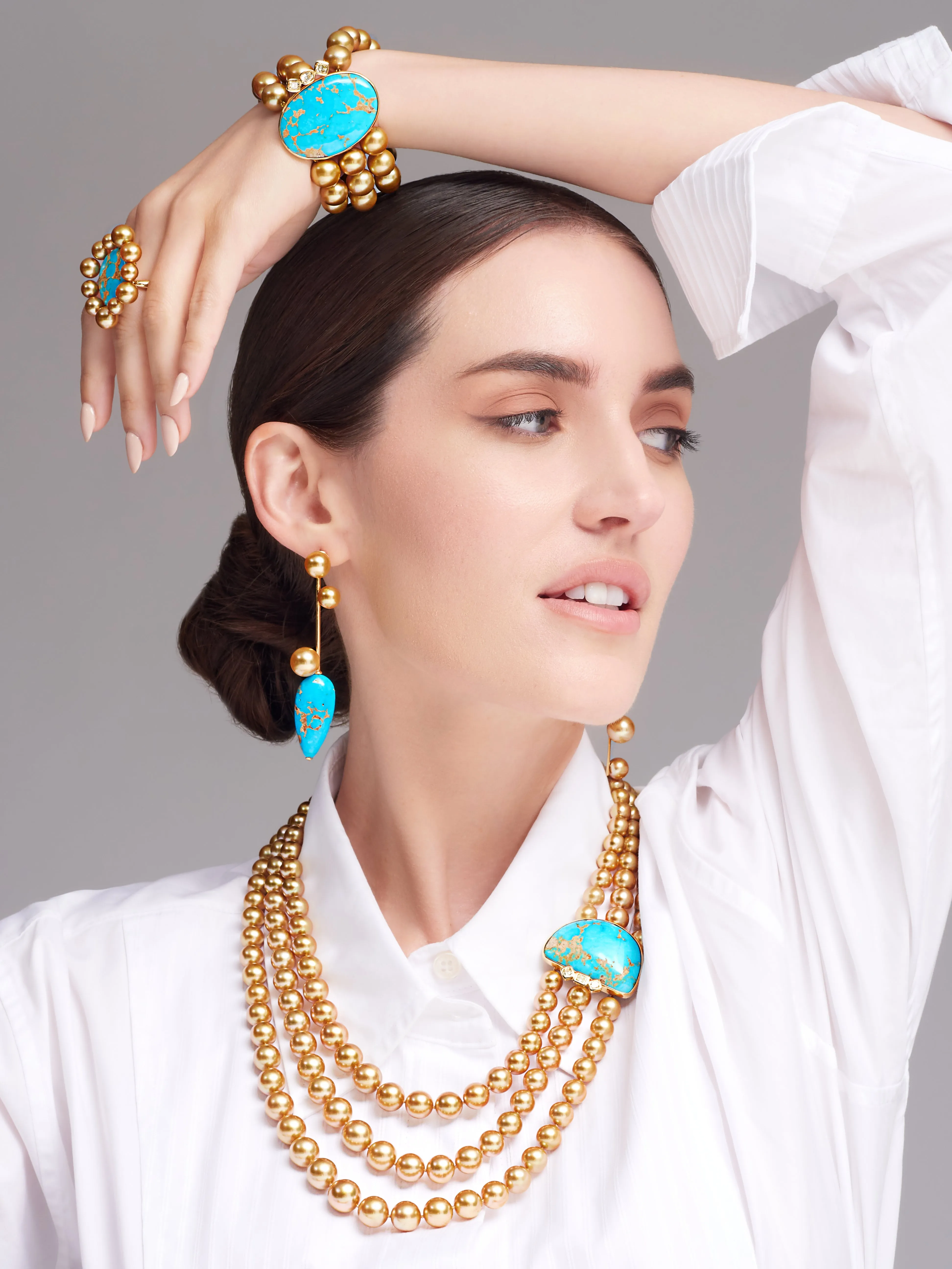 Golden South Sea Pearl and Natural Turquoise Bracelet