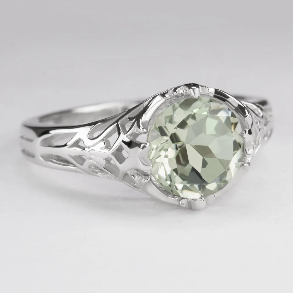 GREEN AMETHYST STERLING SILVER RING VINTAGE STYLE SOLITAIRE ART DECO FILIGREE