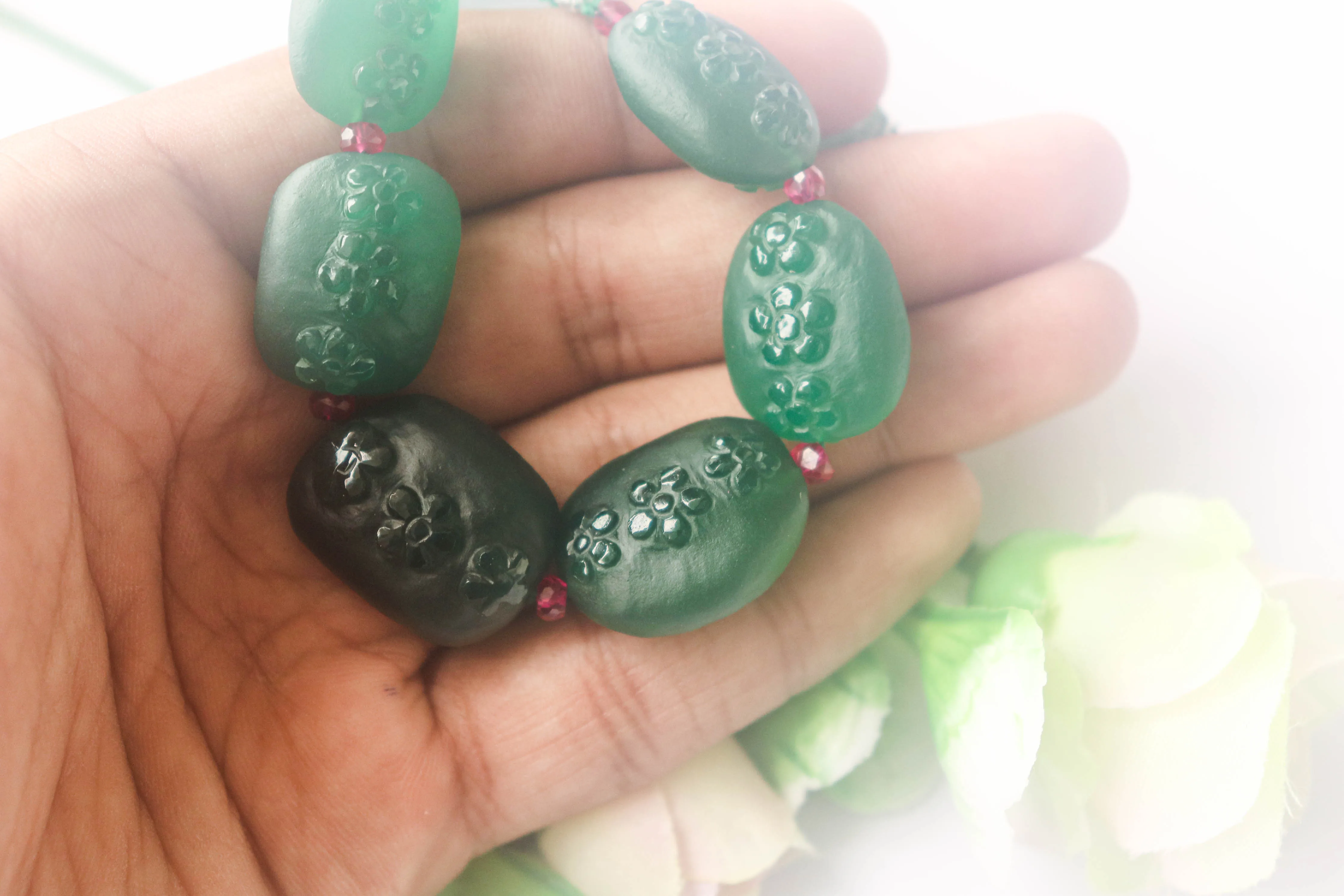 Green Onyx Matte Finish With Flower carved beads