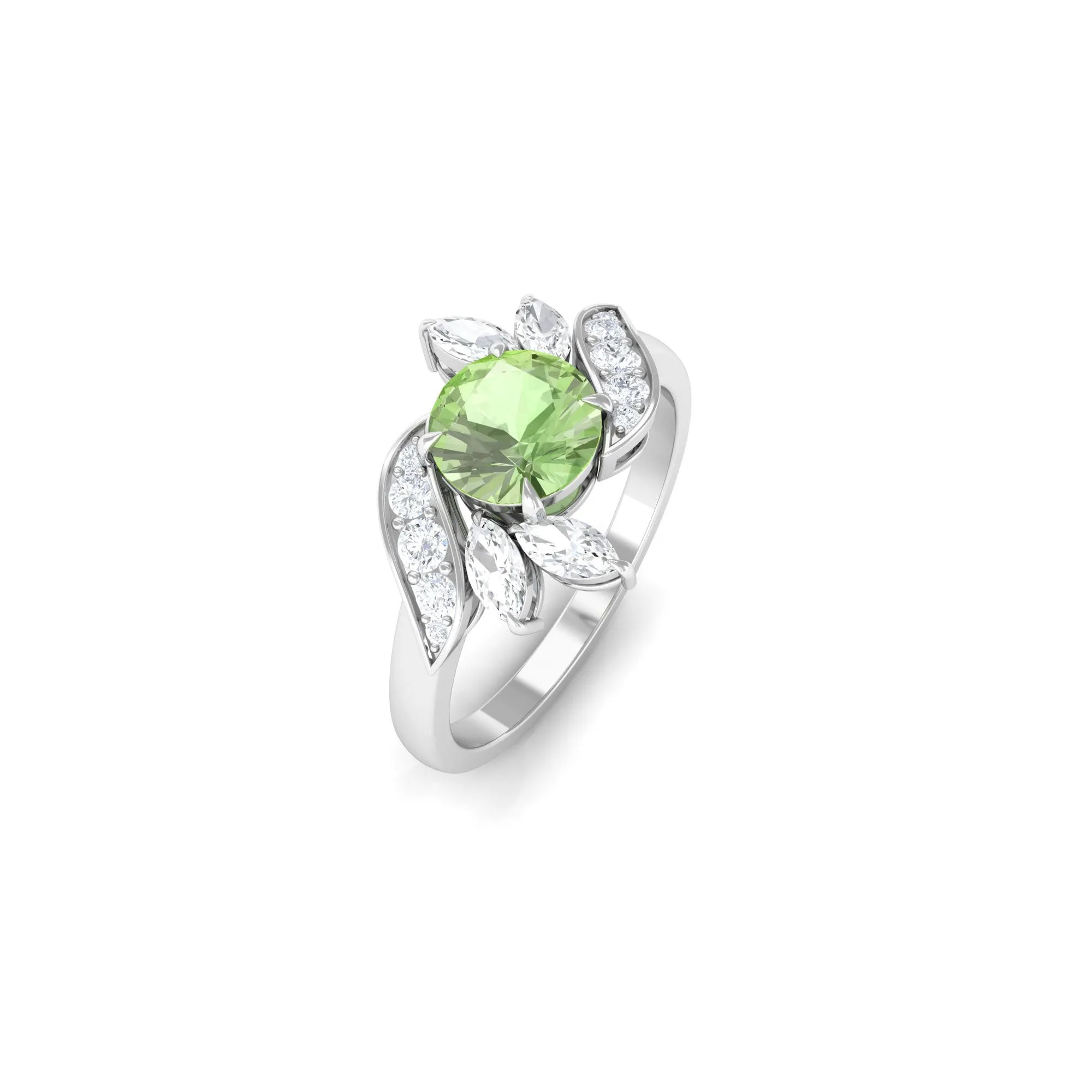Green Sapphire Flower Engagement Ring with Diamond