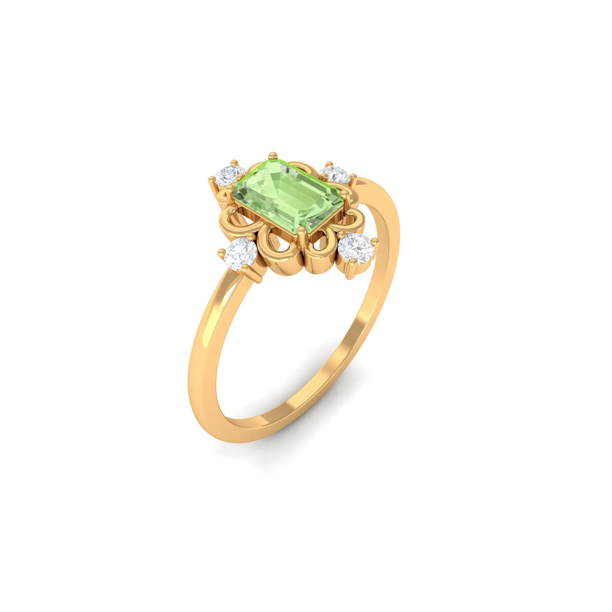Green Sapphire Solitaire Vintage Ring with Diamond Stones