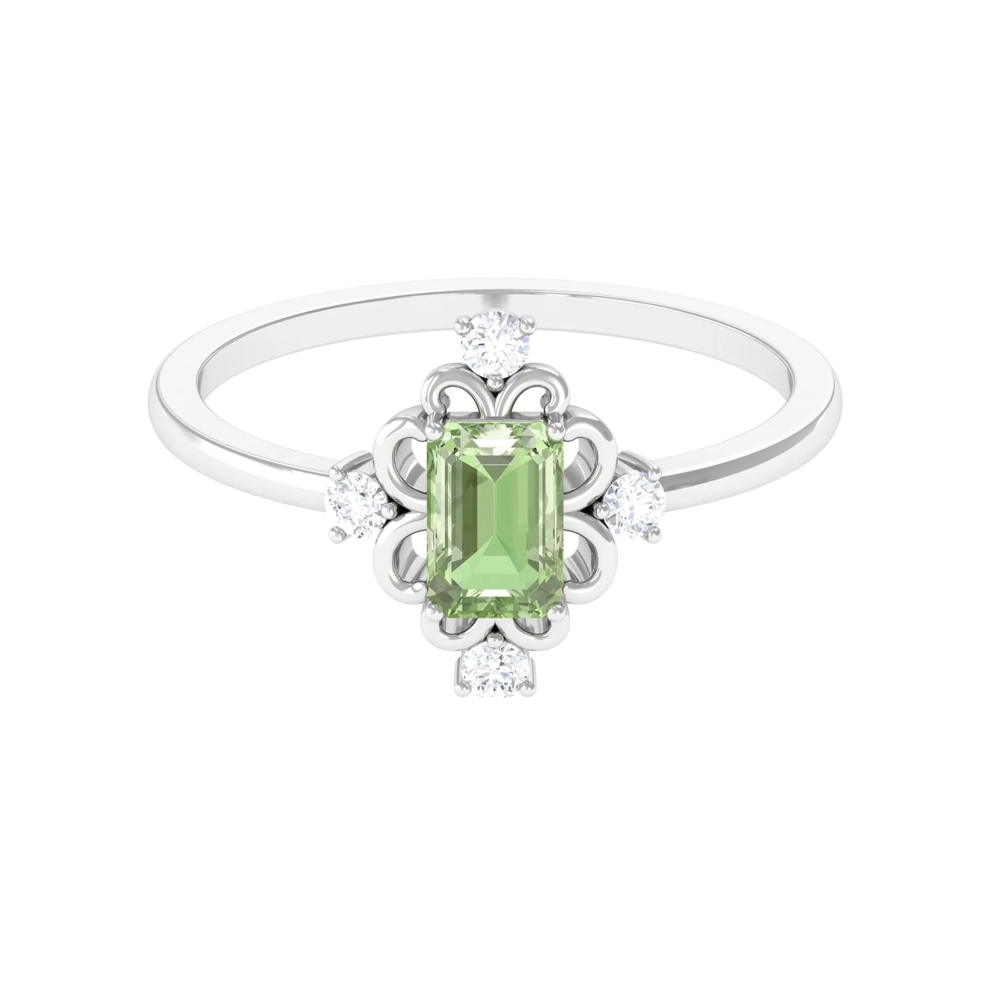 Green Sapphire Solitaire Vintage Ring with Diamond Stones