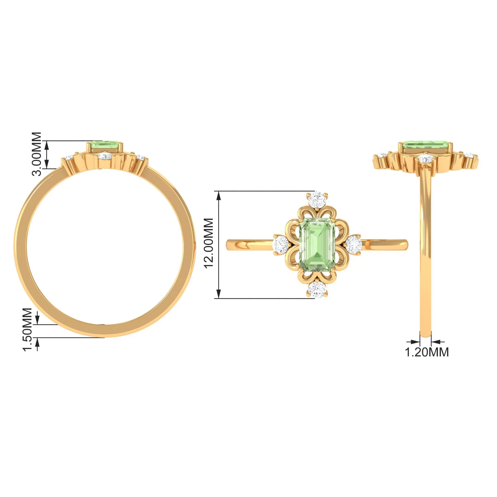 Green Sapphire Solitaire Vintage Ring with Diamond Stones