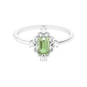 Green Sapphire Solitaire Vintage Ring with Diamond Stones