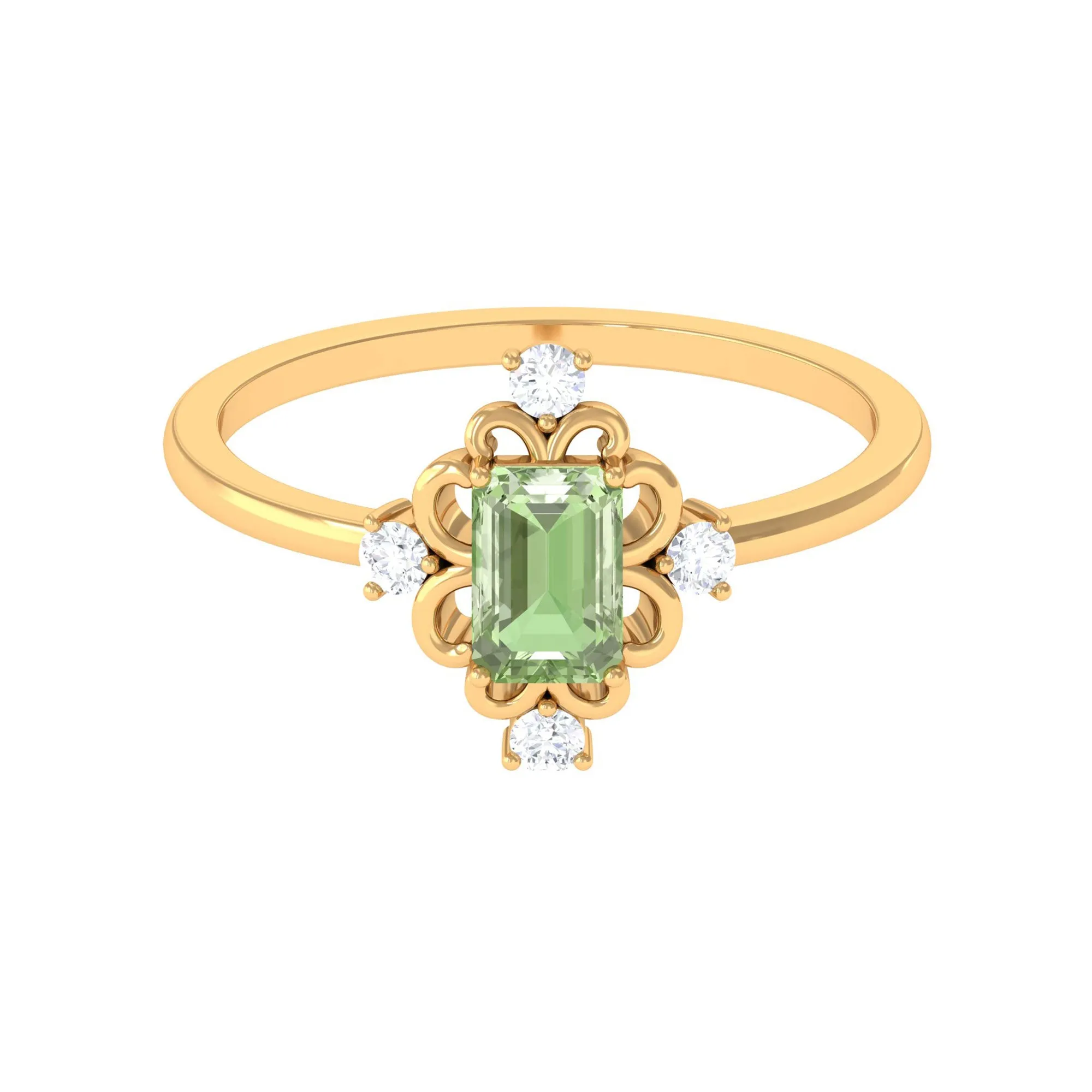 Green Sapphire Solitaire Vintage Ring with Diamond Stones
