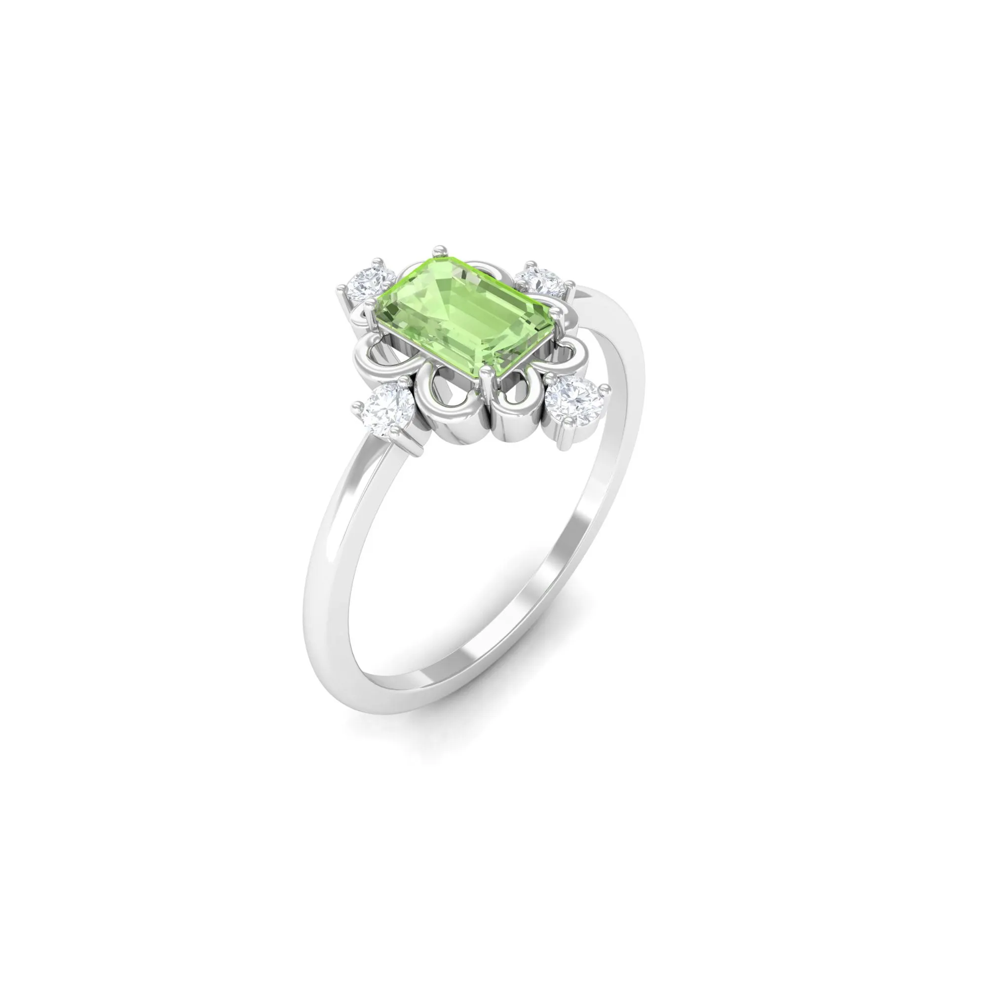 Green Sapphire Solitaire Vintage Ring with Diamond Stones