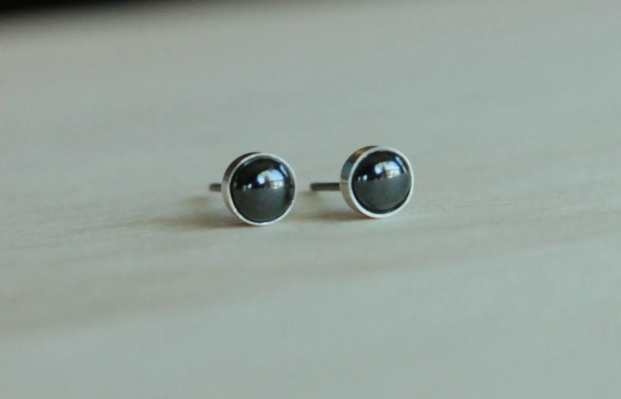 Hematite Bezel Gemstone, Med (Niobium or Titanium Post Earrings for Sensitive Ears)