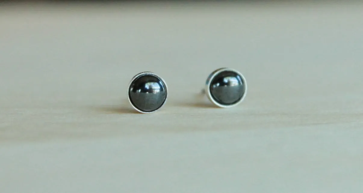 Hematite Bezel Gemstone, Med (Niobium or Titanium Post Earrings for Sensitive Ears)