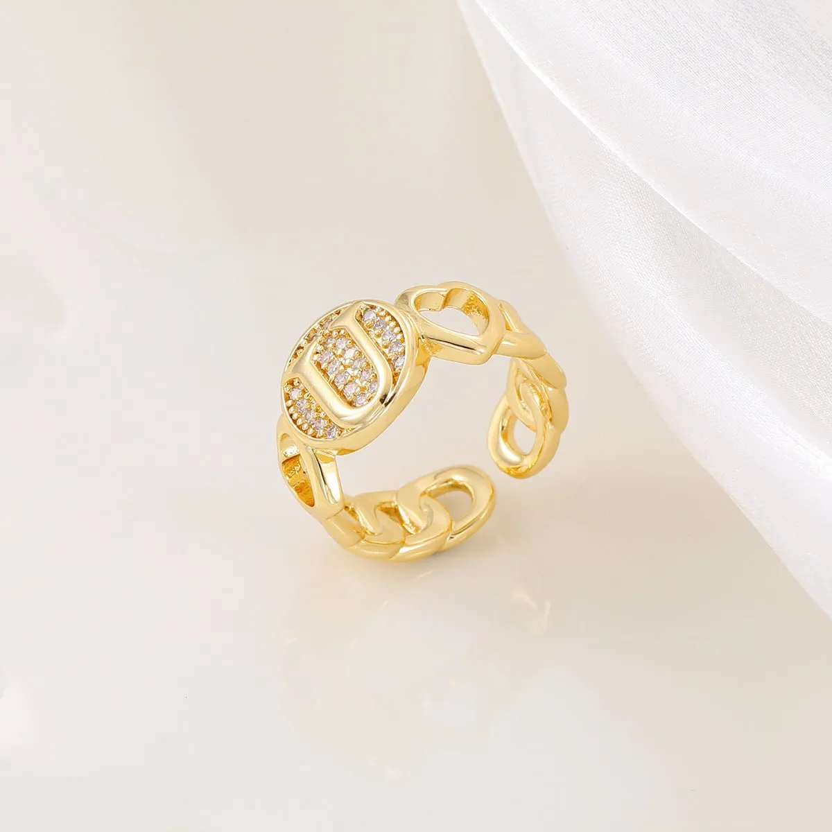 MAC186 Copper Set With Zircon 18K Real Gold Love Glossy Letter Ring