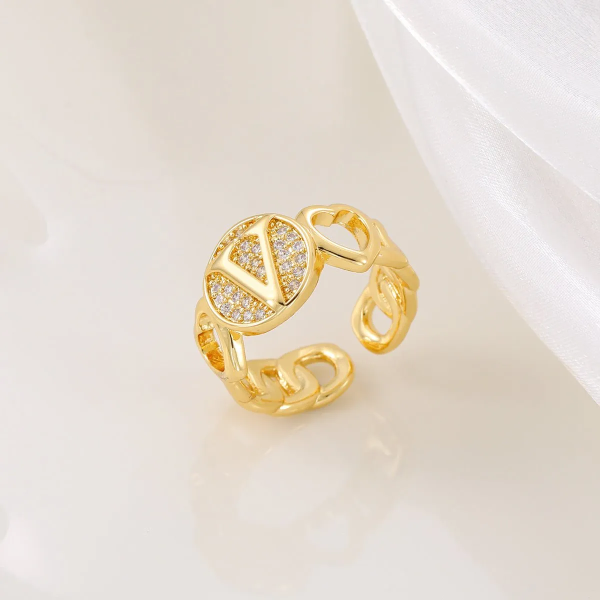 MAC186 Copper Set With Zircon 18K Real Gold Love Glossy Letter Ring