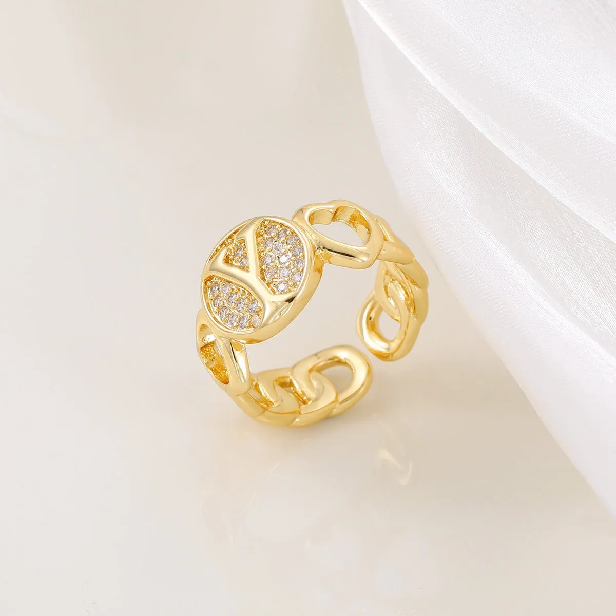 MAC186 Copper Set With Zircon 18K Real Gold Love Glossy Letter Ring