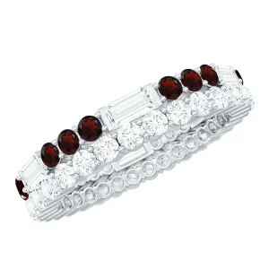 Natural Garnet and Moissanite Two Row Eternity Ring