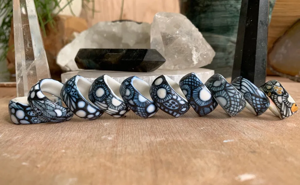 One blue and white ‘seafoam’ band ring