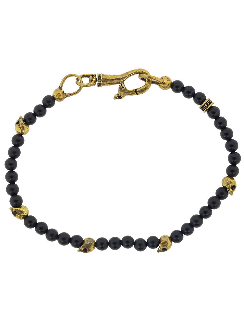 Onyx and Brass Skull Bead Bracelet