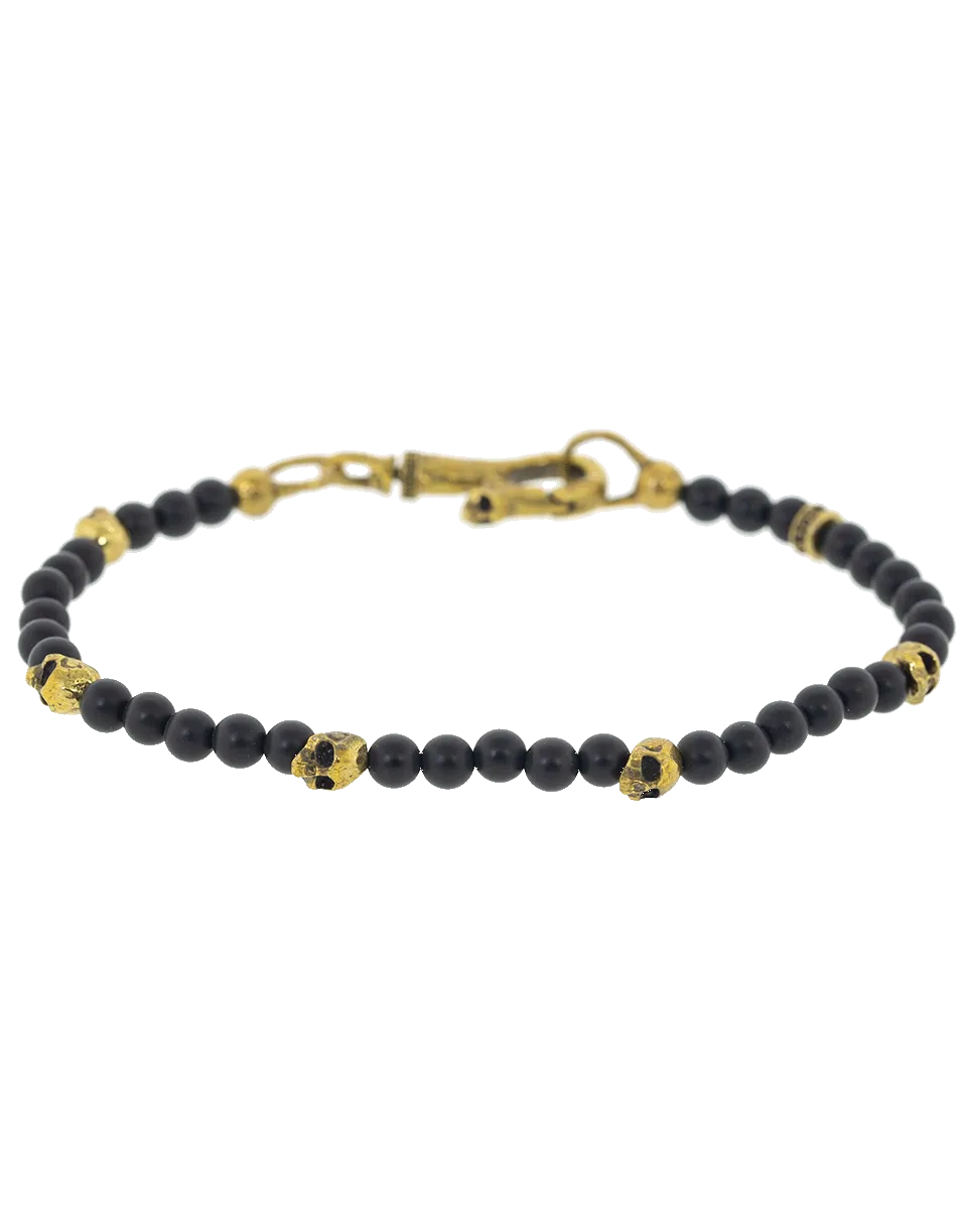 Onyx and Brass Skull Bead Bracelet