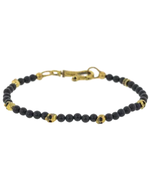 Onyx and Brass Skull Bead Bracelet
